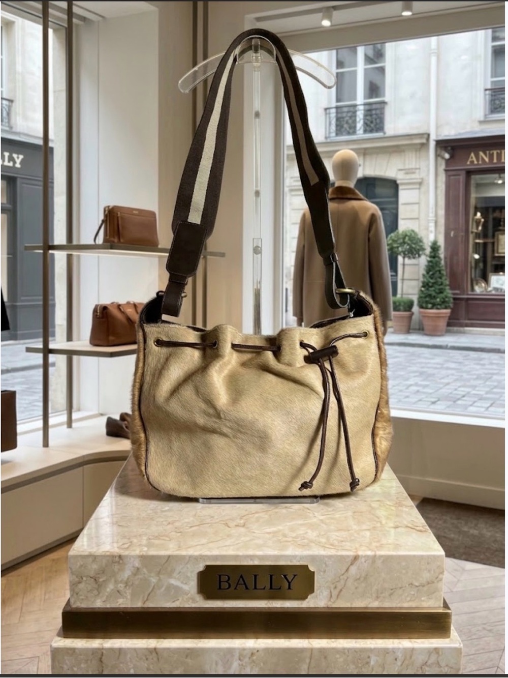 Bally Beige fur Drawstring Shoulder Bag with Striped Strap